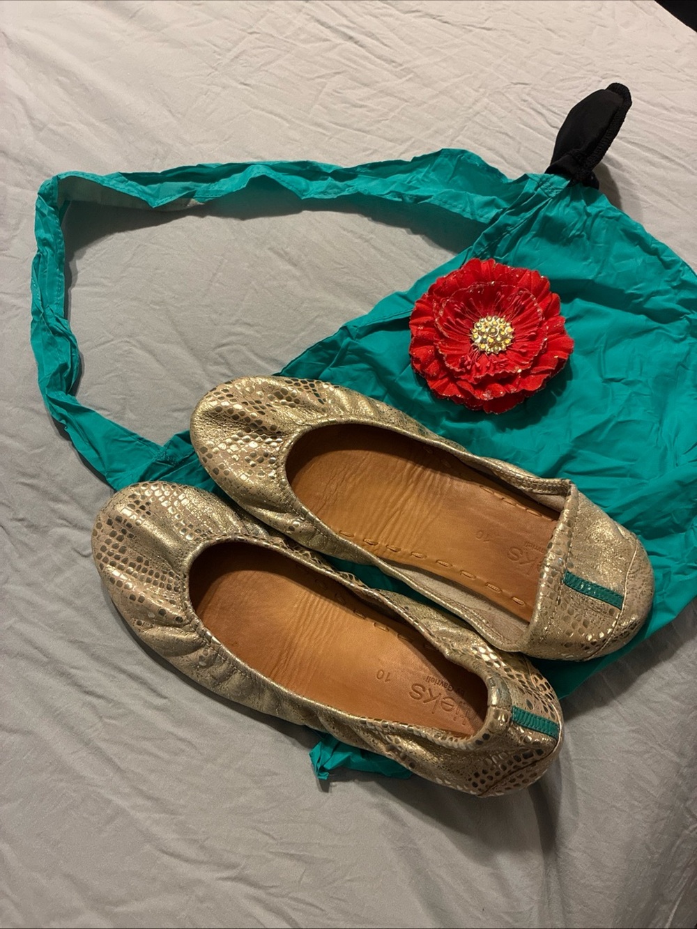 Tieks Gold Ballet Flats with Teal Accent